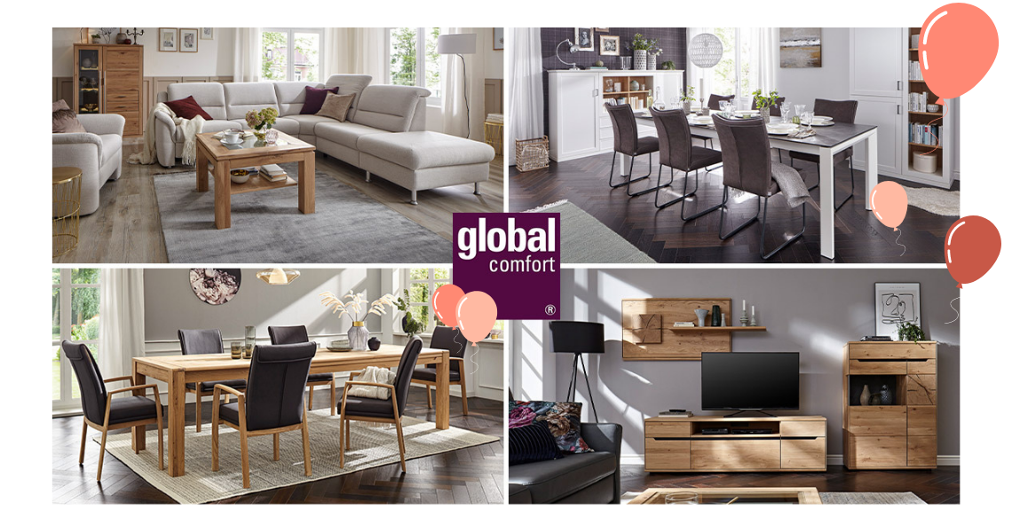 Vier verschiedene Bilder in einer Collage mit Möbeln von global comfort