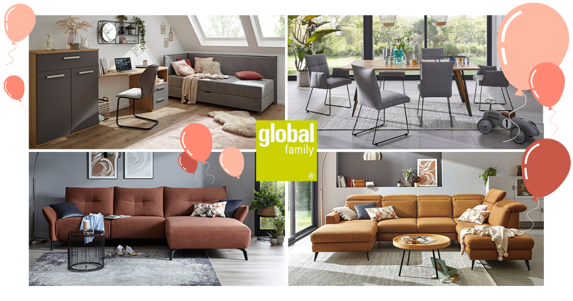 Vierer-Collage von global family Möbeln mit Logo