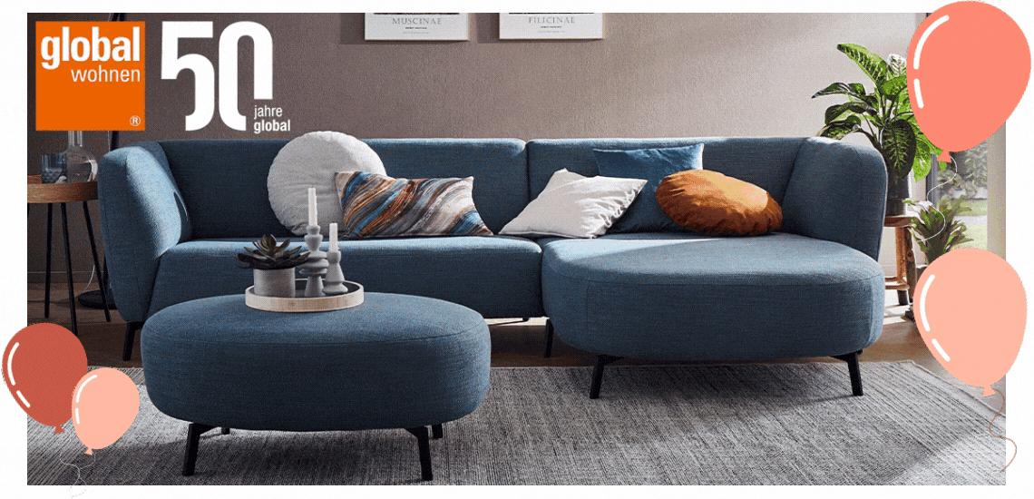 Drei Bilder: Wohnzimmer mit Sofa, dann viele Stühle, dann Schlafzimmermöbel der Marke Global Wohnen