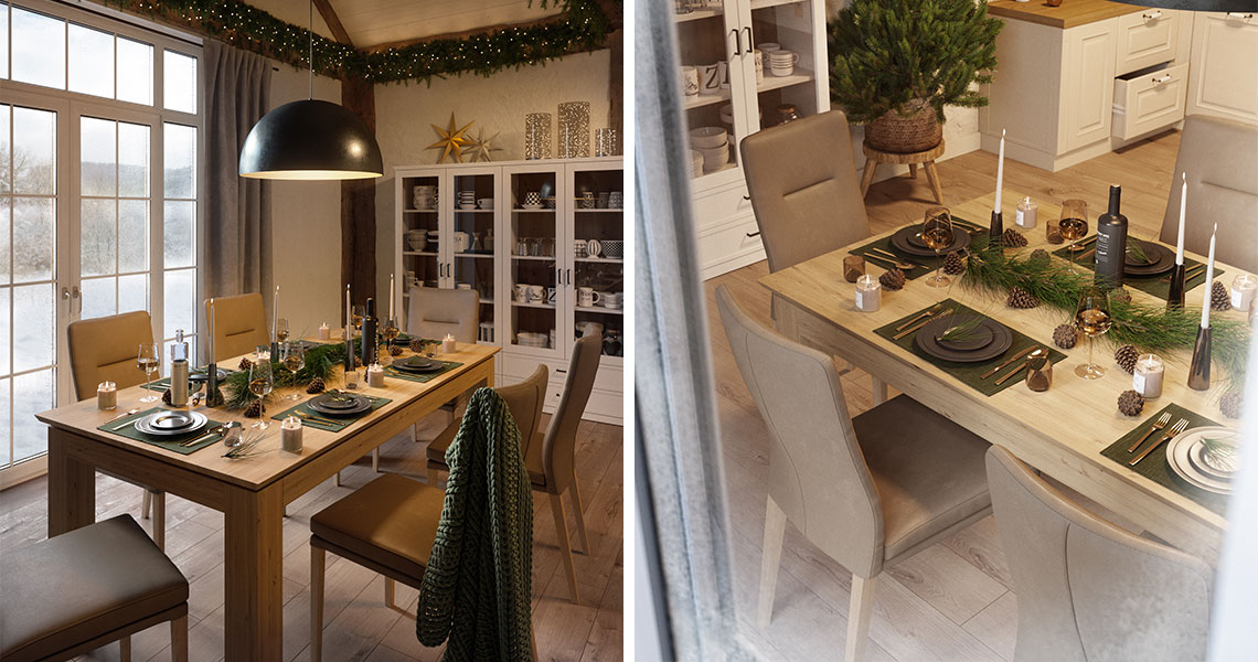 Esszimmer mit Massivholz-Esstisch und braunen Polsterstühlen sowie einem sehr weihnachtlich-gedeckten Tisch