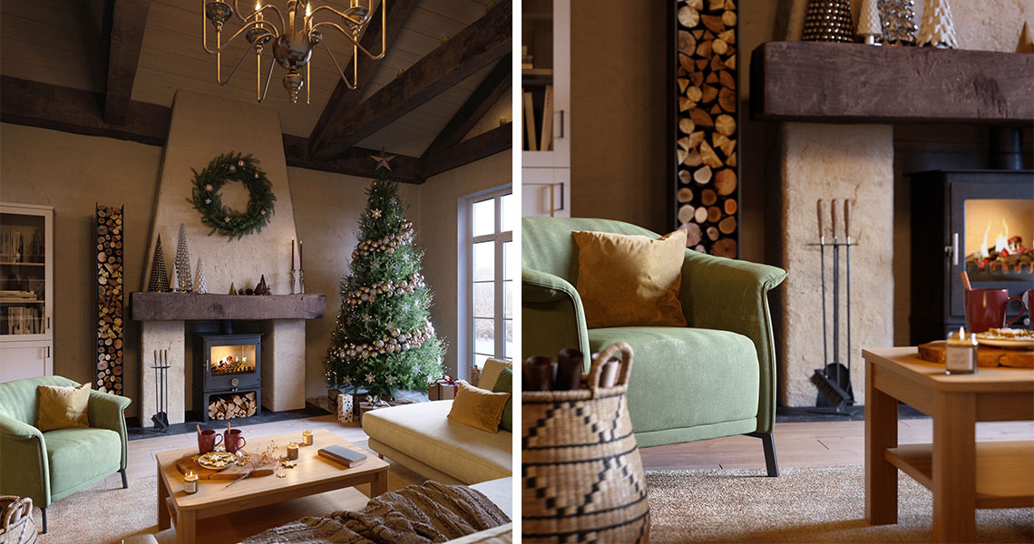Klassisches Wohnzimmer mit grünem Sessel, Kamin, Weihnachtsbaum und weißer Wohnlandschaft