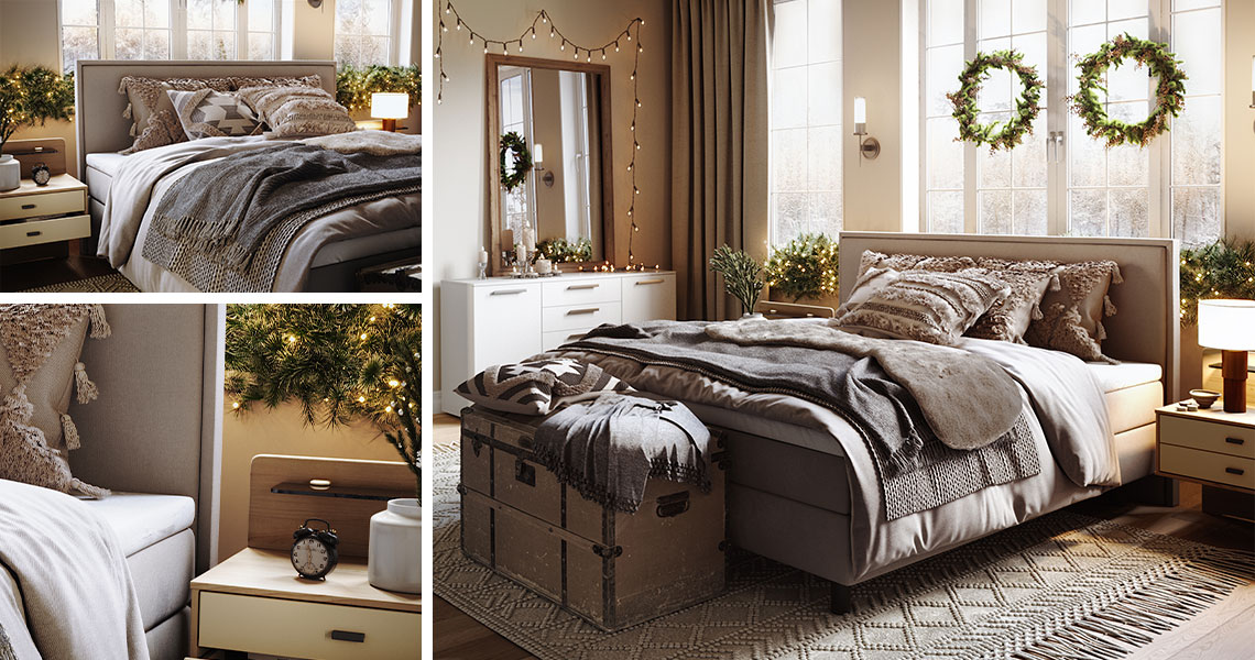 Drei Bilder eines gemütlichen Schlafzimmers mit einem Polsterbett, einer weißen Kommode und vielen Decken sowie Kissen