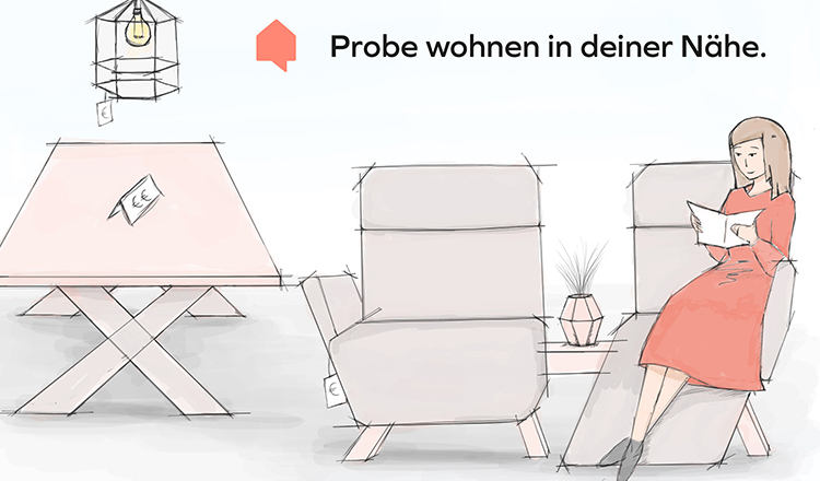 Skizze einer Frau, die einen Sessel im Möbelhaus Probe entspannt Probe sitzt