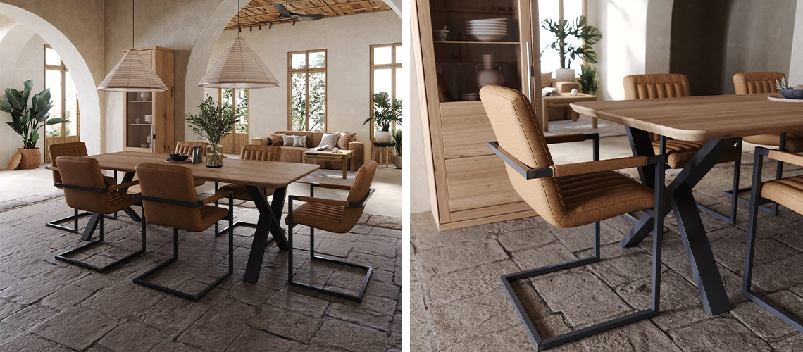 Esszimmer mit Ibiza Charme: Esstisch aus Massivholz und Stühle aus Leder