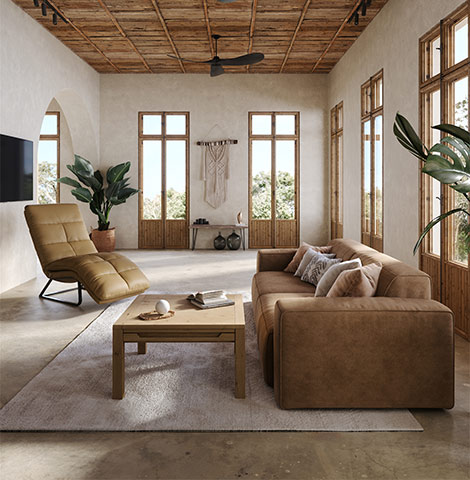Ibiza Wohnzimmer mit Sofa in Cognac, Liege in Kurkuma und Couchtisch aus Massivholz