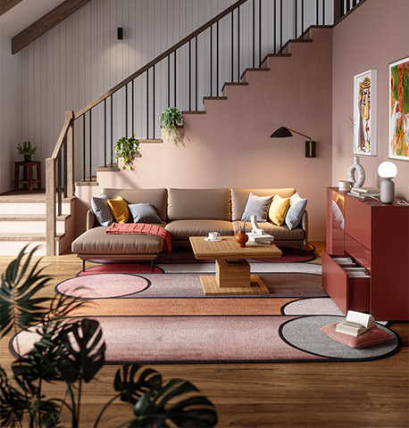 Wohnzimmer mit Ledersofa, Holz-Couchtisch und rotem Highboard auf buntem Teppich
