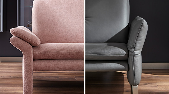 Zwei Detailbilder: 1x Sofa aus rosa Stoff, 1x Sofa aus grauem Leder