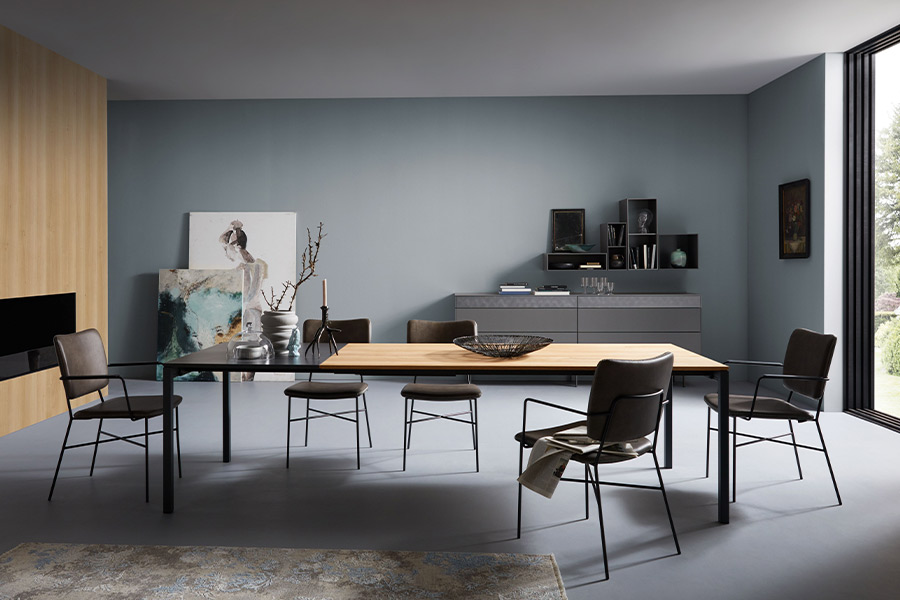 Großes, aufgeräumtes Esszimmer im minimalistischen Wohnstil: Langer Esstisch, schlichte Lederstühle mit modernem Design