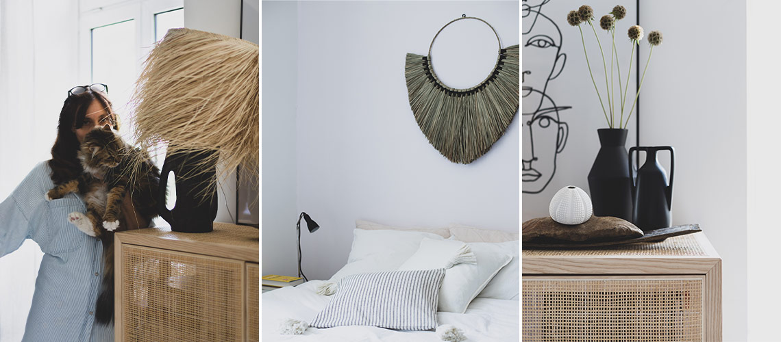 Collage aus 3 Elementen: Tischlampe mit Stroh, Schlafzimmer und Nahaufnahme Vase