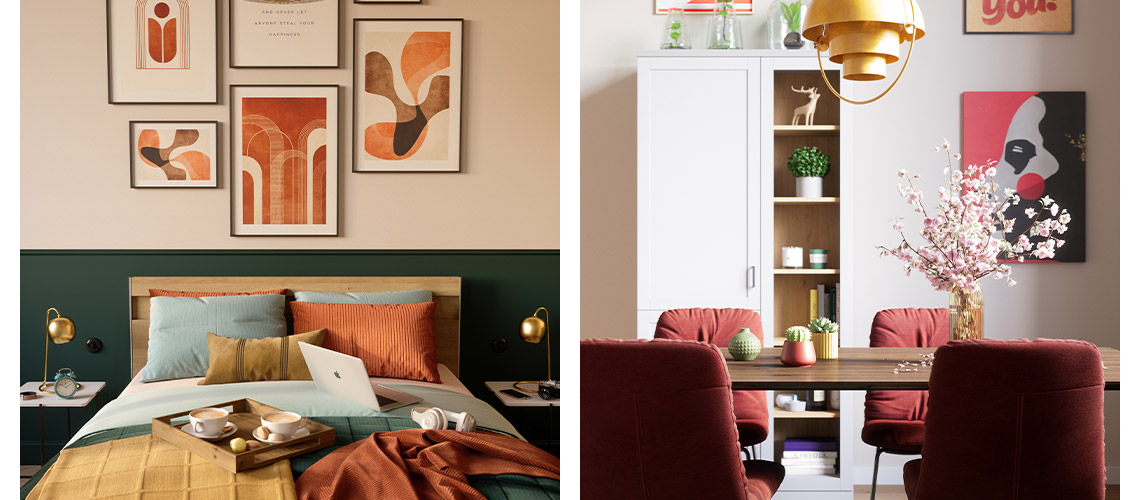 Zwei Bilder: Holzbett mit Decken und Esstisch aus Holz mit roten Stühlen