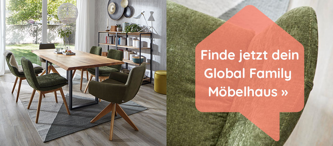 Esszimmer mit grünen Polsterstühlen und Massivholzesstisch sowie Homepoet Logo mit Schrift Finde jetzt dein Global Family Möbelhaus