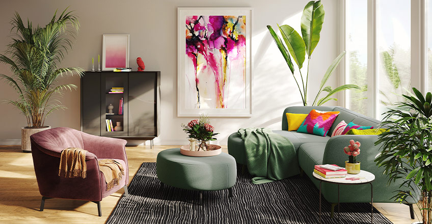 Zwei Bilder mit türkisfarbenen Kissen und Teppichen im Wohnzimmer